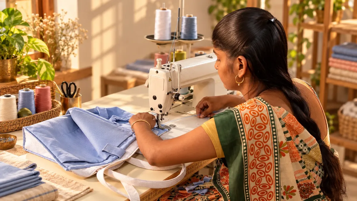 Artisan sewing machine stitching reclaimed textile