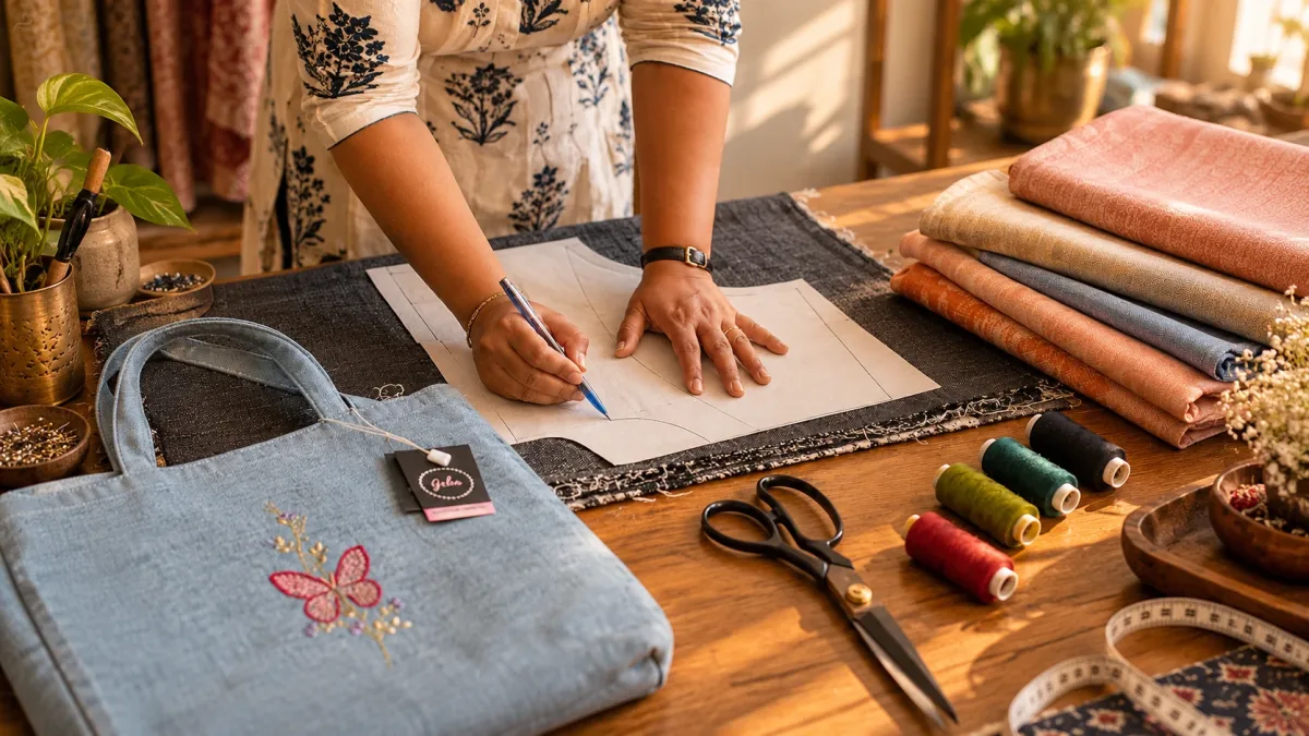 Artisan hands drafting pattern cuts on fabric bolt